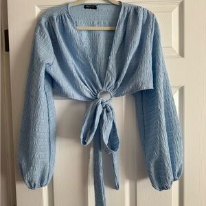 NASTY GAL Blue Long Sleeve Tie-Front Top